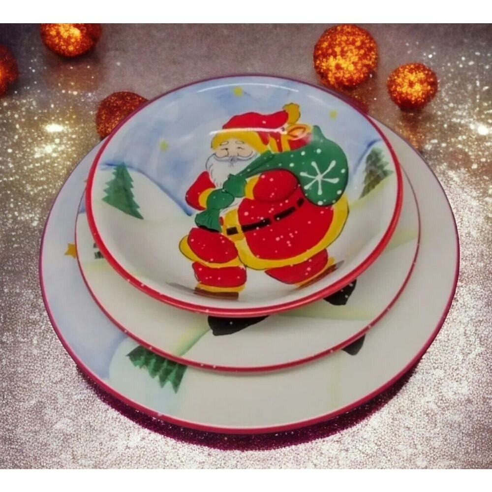 Royal Seasons Christmas Santa 3-Piece Dolomite Set: 10" & 8" Plates, 6 3/4" Bowl